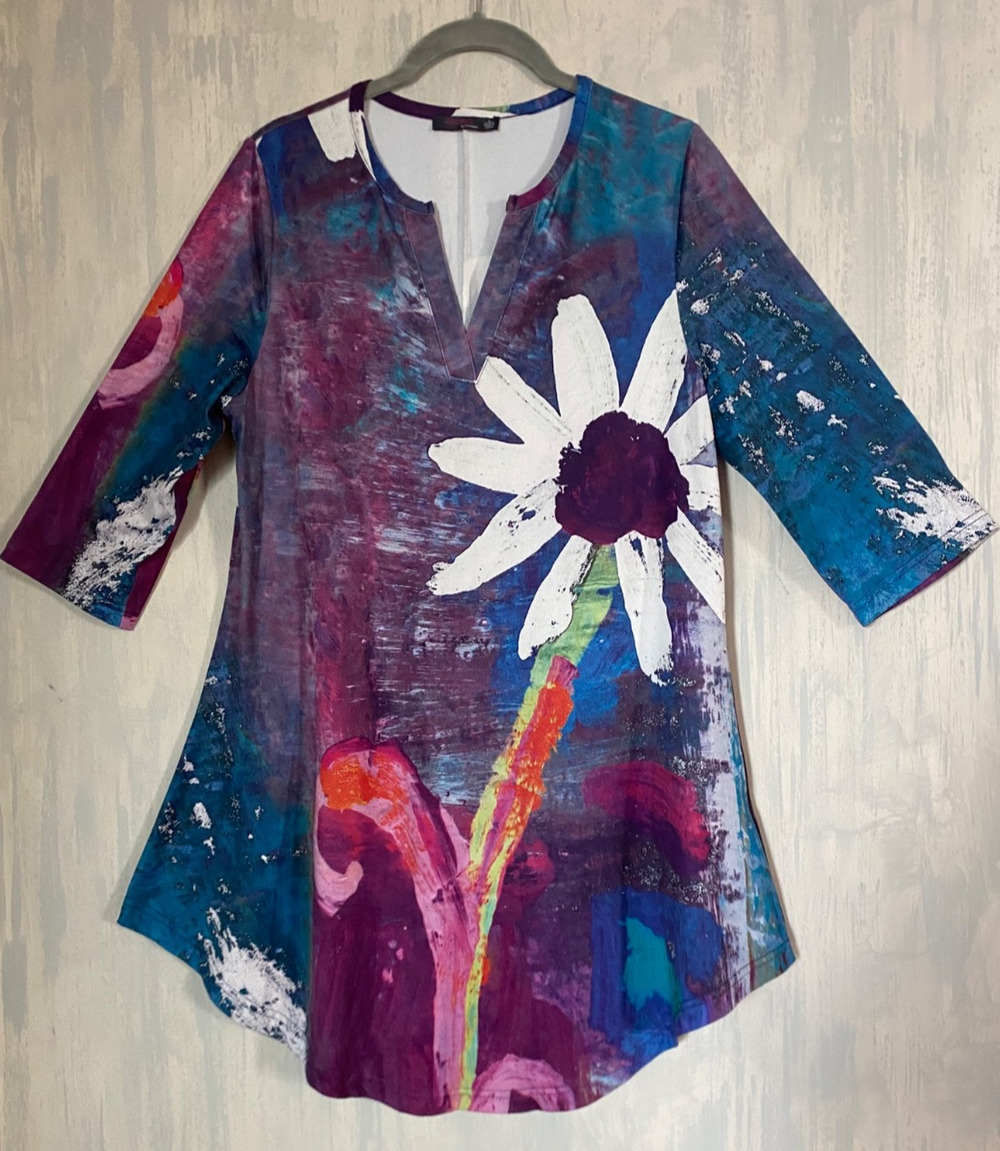 AZALEA BY FIRMIANA Floral 3/4 Sleeve Tunic Purple Teal Bright Multi Pattern L